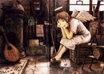  abe_yoshitoshi bellows bouzouki broom bucket concertina haibane_renmei halo heater highres instrument kettle non-web_source rakka school_uniform solo spoilers wings 