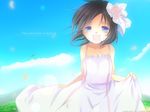  2006 :d artist_name black_hair blue_eyes copyright_request day dress english hair_ribbon kayune_niu nature open_mouth outdoors ribbon short_hair skirt_hold sky smile solo sundress 