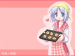  apron baking_sheet blue_eyes blush checkerboard_cookie cookie copyright_name food heart hiiragi_tsukasa kazamine looking_at_viewer lucky_star negative_space no_pupils open_mouth pleated_skirt purple_hair red_skirt ryouou_school_uniform school_uniform serafuku skirt solo star tray 