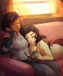  2girl asami_sato bangs book chin_rest couple dark_skin female holding korra multiple_girls open_book reading sitting the_legend_of_korra yuri 