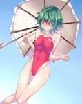  bare_shoulders blush breasts competition_swimsuit embarrassed flower green_eyes green_hair kazami_yuuka knees_together_feet_apart medium_breasts mendou_saya one-piece_swimsuit red_eyes red_swimsuit short_hair shy skinny solo swimsuit touhou umbrella 