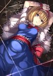  alice_margatroid arms_up ascot blonde_hair blue_dress blue_eyes blush broken_glass commentary_request dress glass hairband janne_cherry lolita_hairband looking_at_viewer lying on_back red_ribbon ribbon sash short_hair solo string string_around_finger touhou wrist_cuffs 