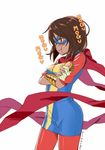  2016 :t brown_eyes brown_hair crossed_arms dark_skin dated domino_mask eating food food_in_mouth gin_(ginshari) kamala_khan marvel mask ms._marvel pantyhose sandwich scarf signature solo superhero wrist_cuffs 