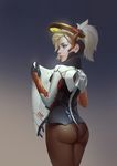  absurdres alessandro_jie ass black_panties blonde_hair blue_eyes bodysuit cowboy_shot from_behind high_ponytail highres holding long_hair looking_away mechanical_halo mercy_(overwatch) overwatch panties panties_under_pantyhose pantyhose ponytail short_hair solo thighs trefoil underwear undressing 