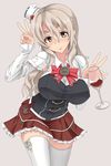  alcohol ascot breasts cup drinking_glass grey_eyes grey_hair hat highres huge_breasts kantai_collection long_hair macha mini_hat miniskirt pola_(kantai_collection) skirt solo standing thighhighs v wavy_hair wine wine_glass zettai_ryouiki 