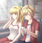  1girl 47_(479992103) absurdres alpha_(maplestory) beta_(maplestory) blonde_hair blue_pants cellphone dated hand_on_own_head headphones highres maplestory motion_blur pants phone ponytail red_eyes red_pants red_sweater shirt smartphone sweater white_shirt 