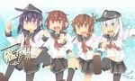  :d akatsuki_(kantai_collection) anchor_symbol bangs black_legwear black_skirt blue_eyes brown_eyes brown_hair copyright_name eyebrows eyebrows_visible_through_hair fang flat_cap folded_ponytail hair_between_eyes hair_ornament hairclip hat hibiki_(kantai_collection) ikazuchi_(kantai_collection) inazuma_(kantai_collection) kantai_collection kneehighs leg_up locked_arms long_hair long_sleeves multiple_girls neckerchief nichijou oluha open_mouth pantyhose parody pleated_skirt purple_eyes purple_hair red_neckwear school_uniform serafuku shoes short_hair silver_hair skirt smile star thighhighs twitter_username 