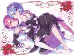  all_fours backless_dress backless_outfit barefoot blue_eyes blue_hair breasts character_name cleavage detached_sleeves dress frills hair_over_one_eye hair_ribbon highres korean lace-trimmed_sleeves looking_at_viewer lying maid multiple_girls novel_illustration official_art on_stomach pantyhose pink_hair purple_ribbon ram_(re:zero) re:zero_kara_hajimeru_isekai_seikatsu red_eyes rem_(re:zero) ribbon short_hair siblings sisters small_breasts twins white_legwear 