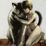  2016 animal armor armored_boots bandeau bangs bikini black_bikini black_hair boots closed_mouth dated from_above gauntlets gloves grey_background hair_between_eyes light_smile looking_at_viewer one_knee original panther shade short_hair sketch solo strapless swimsuit twitter_username uraki_(tetsu420) yellow_eyes 