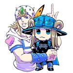  bad_id bad_pixiv_id blonde_hair blue_eyes boots brown_hair chibi collarbone cowboy_hat facial_hair grin gyro_zeppeli hat heart horns horseshoe index_finger_raised johnny_joestar jojo_no_kimyou_na_bouken male_focus multiple_boys ryugue sheep_horns smile spurs star steel_ball_run upper_body wristband 