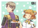  1girl :t ^_^ armor blonde_hair bow brown_hair closed_eyes crossover dango fat food food_on_face hair_bobbles hair_ornament hasebe_shikiri heshikiri_hasebe japanese_armor kurarin looking_back mitarashi_dango namesake plate purple_eyes shinken!! shoulder_armor sode touken_ranbu translation_request two_side_up wagashi 