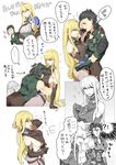  1girl armor bad_id bad_twitter_id bare_shoulders black_gloves black_hair blonde_hair blush bracer breasts check_translation covered_nipples elbow_gloves fate/grand_order fate/zero fate_(series) fingerless_gloves fionn_mac_cumhaill_(fate/grand_order) genderswap genderswap_(mtf) gloves highres hug kikomo lancer_(fate/zero) large_breasts long_hair sideboob smile sweat teeth translation_request 