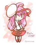  ahoge alternate_costume artist_name blush bow bowtie full_body hata_no_kokoro long_hair mask open_mouth pink_eyes pink_hair red_footwear shoes simple_background skirt solo touhou translated yurume_atsushi 