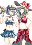  adapted_costume bikini bikini_skirt blue_bikini blue_eyes blue_hair collarbone cowboy_shot frilled_bikini frills front_ponytail green_eyes green_hair groin hair_bobbles hair_ornament hair_ribbon hat hat_ribbon kagiyama_hina kawashiro_nitori long_hair looking_at_viewer midriff miniskirt miyakure multiple_girls navel one_eye_closed open_mouth red_bikini ribbon sarong skirt smile sun_hat swimsuit thighs touhou two_side_up water_gun 