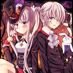  1girl bat benika blush bunny_hair_ornament bunny_puppet candy chain food hair_ornament hat highres lollipop lotus_(maplestory) maplestory mole mole_under_eye moon orchid_(maplestory) pumpkin purple_eyes red_ribbon ribbon smile star top_hat twintails white_hair 
