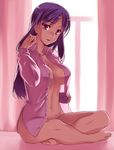  bad_id bad_pixiv_id barefoot breasts chiha_(abo_ecm_mk25) cleavage curtains dress_shirt highres indian_style large_breasts long_hair naked_shirt navel open_clothes open_shirt purple_eyes purple_hair shirt sitting solo white_shirt window 
