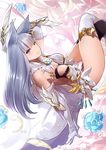 animal_ears arm_behind_head backless_dress backless_outfit bare_shoulders black_legwear breasts dress elbow_gloves erune gloves granblue_fantasy korwa large_breasts long_hair looking_at_viewer no_panties purple_eyes quill revealing_clothes signature silver_hair smile solo teeth thighhighs thighs very_long_hair white_gloves white_legwear yaman 