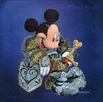  2016 armor belt black_fur blue_background clothing disney drachenmagier fur gauntlets gloves kingdom_hearts male mammal melee_weapon mickey_mouse mouse rodent scar shield simple_background smile square_enix sword tan_fur video_games weapon 
