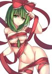  alternate_costume arm_ribbon bare_shoulders between_breasts bow breasts commentary_request contrapposto cowboy_shot frills front_ponytail green_eyes green_hair groin hair_bow hair_ribbon janne_cherry kagiyama_hina looking_at_viewer medium_breasts naked_ribbon navel red_bow red_ribbon ribbon solo standing tareme touhou white_background 