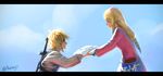  1girl ag+_(atelieriji) blonde_hair blue_sky cloud day eye_contact highres link looking_at_another pointy_ears princess_zelda sky smile sword the_legend_of_zelda the_legend_of_zelda:_skyward_sword weapon 