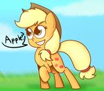  applejack_(mlp) blonde_hair english_text equine feral friendship_is_magic hair happy hat horse mammal mr-degration my_little_pony outside smile solo teeth text 