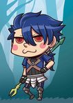  :3 april_fools blue_hair blush_stickers chibi cu_chulainn_(fate/prototype) fate/grand_order fate/prototype fate_(series) gae_bolg male_focus official_art polearm red_eyes riyo_(lyomsnpmp) solo v-shaped_eyebrows weapon 