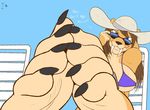 2016 4_toes anthro barefoot bikini bra breasts claws clothing digital_media_(artwork) english_text eyewear feline female foot_focus hat humanoid_feet looking_at_viewer mammal saber-toothed_cat solo sunglasses swimsuit text toe_claws toes underwear zp92 
