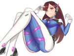  ass blush bodysuit boots breasts brown_eyes d.va_(overwatch) facial_mark gloves headphones long_hair looking_at_viewer overwatch purple_hair shiny shiny_hair smile solo vanquice 