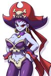  bandana bandeau bare_shoulders blue_skin breasts buttons choker cleavage earrings hands_on_hips hat highres hoop_earrings jewelry large_breasts mazume midriff pirate pirate_hat purple_hair red_eyes risky_boots shantae_(series) simple_background skull slender_waist solo white_background wrist_cuffs 
