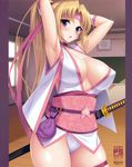  2016 :o absurdres armpits arms_up bag bare_shoulders breasts chalkboard choker cleavage collarbone covered_nipples curtains cygnus_(cygnus7) hair_intakes hands_in_hair headband highres indoors japanese_clothes katana kimono large_breasts long_hair looking_at_viewer open_mouth original panties pillarboxed ponytail purple_eyes sash sheath sheathed short_kimono skindentation sleeveless sleeveless_kimono solo standing sword thigh_strap underwear weapon white_panties window 