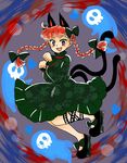  animal_ears black_bow blush bow braid cat_ears cat_tail cross-laced_legwear dress fangs full_body green_dress hair_bow hair_ribbon heart highres hitodama implied_pantyshot kaenbyou_rin komaku_juushoku long_sleeves multiple_tails open_mouth paw_pose puffy_long_sleeves puffy_sleeves red_eyes red_hair ribbon shoe_bow shoes skull smile solo sweatdrop tail touhou tress_ribbon twin_braids two_tails 