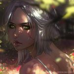  artist_name bare_shoulders blood blood_on_face blurry ciri dappled_sunlight day depth_of_field from_above from_behind green_eyes guweiz injury looking_at_viewer looking_up outdoors parted_lips red_lips short_hair silver_hair solo spaghetti_strap sunlight the_witcher the_witcher_3 watermark web_address 