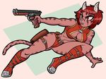  2016 abstract_background animal_tail anthro belt boots breasts cleavage clothed clothing curtsibling digital_media_(artwork) english_text eyebrows eyelashes fangs female footwear fur gun hair handgun inner_ear_fluff open_mouth pink_nose pistol ranged_weapon red_eyes red_fur sarah_lynn simple_background solo striped_fur stripes teeth text tongue unknown_species watermark weapon white_sclera 