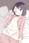  bedroom black_hair blush breasts cameltoe gyuunyuu_nomio hairclip joshi_shougakusei_hajimemashita naval no_bra on_bed pajamas panties petite photoshop short_hair small_breasts white_panties yumekawa_ruru 