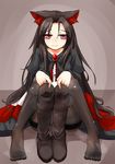  animal_ears black_footwear black_legwear boots boots_removed brooch brown_hair dress highres imaizumi_kagerou jewelry knee_boots long_hair looking_at_viewer nama_shirasu pantyhose presenting red_eyes sitting smell solo thighband_pantyhose touhou very_long_hair wavy_mouth wolf_ears 
