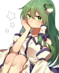  commentary_request detached_sleeves frog frog_hair_ornament green_eyes green_hair hair_ornament hair_tubes japanese_clothes kochiya_sanae long_hair miko renka_(sutegoma25) simple_background snake snake_hair_ornament solo star touhou white_background wide_sleeves 