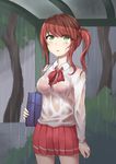  47_(479992103) bag bush green_eyes handbag highres maplestory open_mouth oz_(maplestory) pleated_skirt rain red_hair red_ribbon red_skirt ribbon shirt side_ponytail skirt solo tree wet wet_clothes white_shirt 