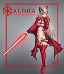  aldra_(queen's_blade) arm_behind_back beltbra boots character_name darksider_(star_wars) energy_sword hair_ornament juliet_sleeves karosu_maker lightsaber long_hair long_sleeves panties puffy_sleeves queen's_blade red_footwear red_legwear signature silver_hair solo star_wars sword thigh_boots thigh_strap thighhighs underwear weapon white_panties yellow_eyes 