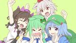  animal_ears arm_up backpack bag bare_shoulders blue_eyes blue_hair bow brown_hair cellphone checkered checkered_skirt closed_eyes commentary_request detached_sleeves frog frog_hair_ornament green_hair hair_bobbles hair_bow hair_ornament hat himekaidou_hatate inubashiri_momiji kawashiro_nitori kochiya_sanae long_hair multiple_girls necktie nibi open_mouth phone pointy_ears pom_pom_(clothes) red_eyes short_hair short_sleeves silver_hair simple_background skirt snake snake_hair_ornament the_rolling_girls tokin_hat touhou twintails two_side_up white_hair wolf_ears 