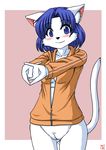  2016 blue_eyes blue_hair bottomless cat clothed clothing feline female hair mammal milkexplorer_(artist) pussy solo stretching 