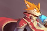  2016 anthro brown_background canine clothed clothing eye_patch eyewear fox fully_clothed fur gradient_background looking_away male mammal nurinaki orange_fur reynardo signature simple_background smirk solo standing stories 