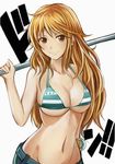  bangle bikini_top bracelet breasts brown_eyes brown_hair cleavage collarbone commentary_request earrings jewelry large_breasts log_pose long_hair looking_at_viewer md5_mismatch nami_(one_piece) nannacy7 navel one_piece smile solo 