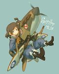  :&lt; artist_name asterisk_kome blue_eyes brown_hair flying fur_trim gloves original personification poland polish_air_force_checkerboard propeller short_hair simple_background solo spitfire_(airplane) wings 