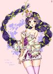  :d absurdly_long_hair bad_id bad_pixiv_id bangs bare_shoulders blue_eyes blush braid breasts center_frills cleavage cowboy_shot crown floating_hair floral_print flower frilled_shorts frills gambe hair_flower hair_ornament hair_vines highres large_breasts leaf long_hair looking_at_viewer love_live! love_live!_school_idol_project nail_polish off_shoulder open_mouth own_hands_together pink_background pink_flower plant puffy_sleeves purple_hair purple_legwear purple_nails shorts signature silhouette single_braid skindentation sleeves_past_elbows smile solo swept_bangs thigh_gap toujou_nozomi v_arms very_long_hair vines white_shorts 