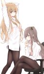  2girls :3 arm_up bangs black_legwear blonde_hair breasts brown_hair chair collarbone collared_shirt crossed_legs girls&#039;_frontline highres holding_own_arm long_hair long_sleeves looking_at_viewer medium_breasts multiple_girls nanayozuki office_chair pantyhose partially_unbuttoned red_eyes scar scar_across_eye shirt side_ponytail sitting sleeves_pushed_up small_breasts standing thinking ump45_(girls&#039;_frontline) ump9_(girls&#039;_frontline) white_shirt yellow_eyes 