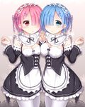  :o apron asymmetrical_docking black_dress blue_eyes blue_hair blush breast_press breasts cleavage cowboy_shot detached_collar detached_sleeves dress frills hair_ornament hair_over_one_eye hair_ribbon hairband highres holding_hands interlocked_fingers large_breasts looking_at_viewer maid multiple_girls mumu_(mumunyan) pantyhose parted_lips pink_hair pink_ribbon ram_(re:zero) re:zero_kara_hajimeru_isekai_seikatsu red_ribbon rem_(re:zero) ribbon ribbon-trimmed_sleeves ribbon_trim short_hair siblings sisters standing symmetrical_pose twins waist_apron white_apron white_legwear x_hair_ornament 