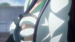  1girl animated animated_gif breast_grab breasts busujima_saeko gloves highschool_of_the_dead komuro_takashi large_breasts long_hair purple_hair standing 