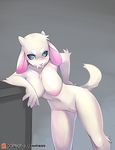  2016 anthro areola bent_over big_breasts blue_eyes boss_monster breasts caprine claws english_text fangs female goat grey_background hi_res looking_at_viewer mammal nipples nude pink_nipples pink_nose pussy raised_tail simple_background slit_pupils smile solo text toriel tsampikos undertale video_games 