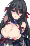  1girl :d bell black_hair blue_eyes blush bow breast_hold breast_squeeze breasts breasts_out_of_clothes cleavage criss-cross_halter hair_between_eyes hair_ornament hair_ribbon halter_top halterneck heterochromia high_resolution jingle_bell kirihime_yoruka large_breasts long_hair looking_at_viewer minamon_(vittel221) nipples open_mouth parted_lips pink_lips purple_eyes red_bow red_ribbon ribbon saijaku_muhai_no_bahamut sash smile solo very_long_hair 