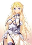  47agdragon armor armored_dress bare_shoulders blonde_hair breasts cleavage detached_sleeves dress fate/apocrypha fate/grand_order fate_(series) grey_eyes grey_legwear headpiece highres jeanne_d'arc_(fate) jeanne_d'arc_(fate)_(all) large_breasts long_hair looking_at_viewer mcdonald's solo thighhighs thighs very_long_hair white_dress 